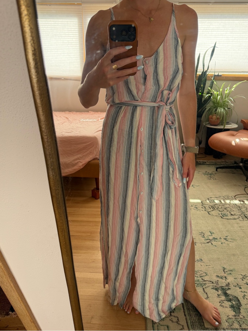 Bella Dahl Striped Pink & Blue Button-Front Maxi Dress with Waist Tie
